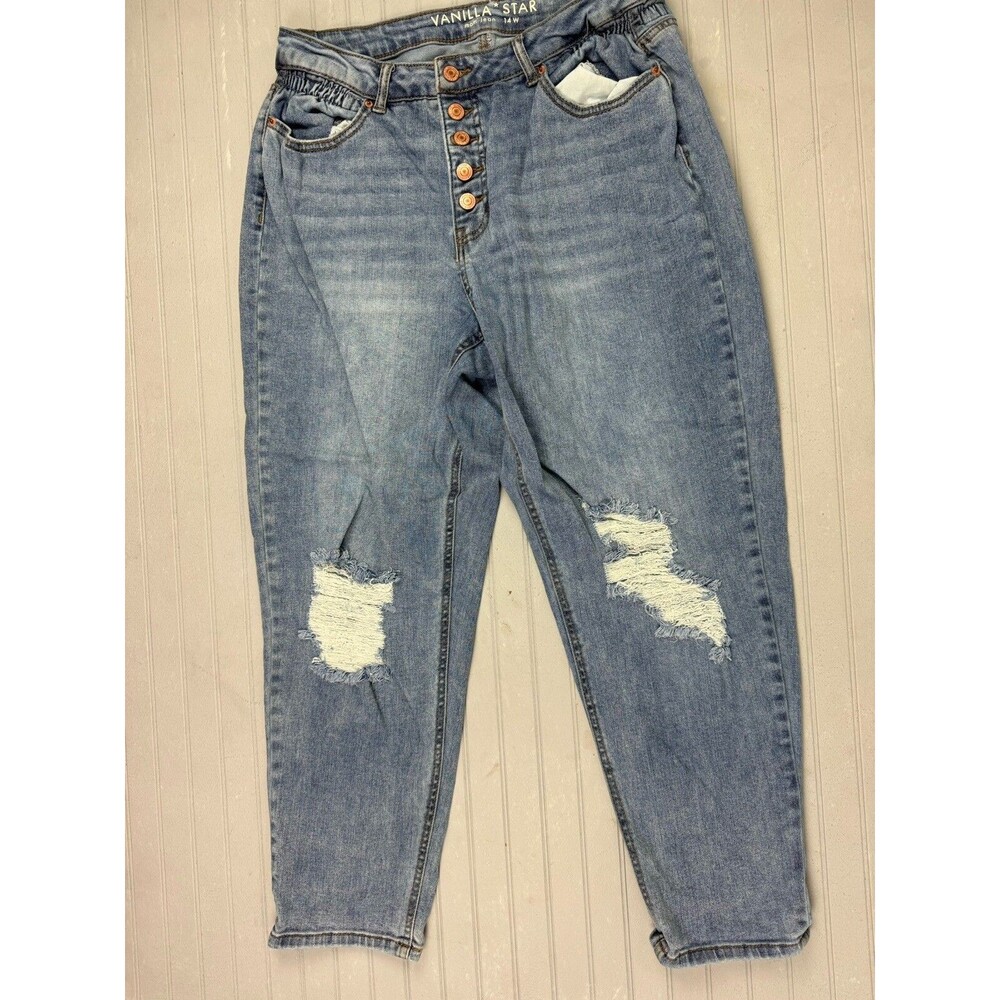 Vanilla Star Size 14W Womens Mom Jeans Distress Button Fly High Rise Stretch
